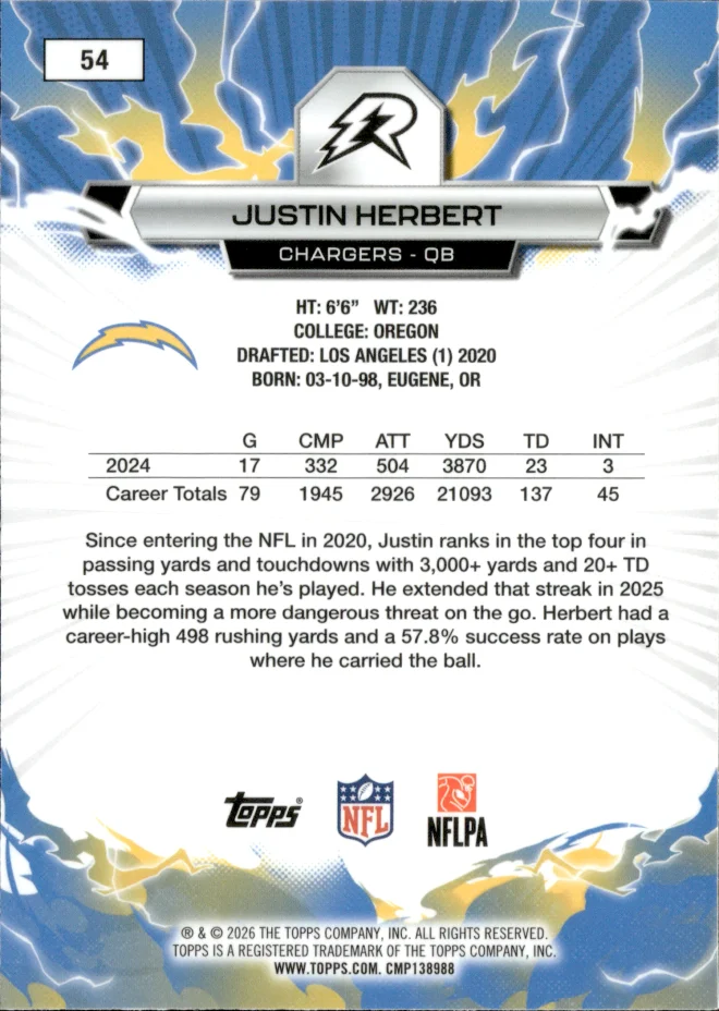Justin Herbert card back