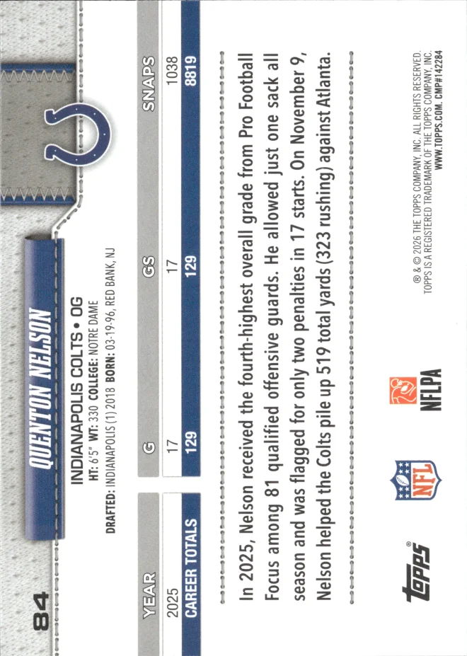 Quenton Nelson card back