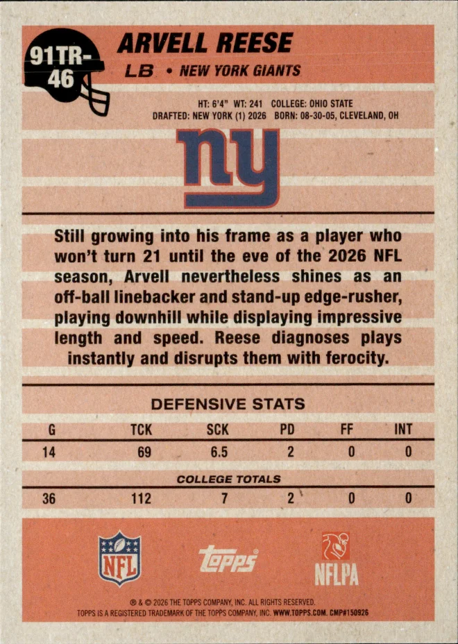 Arvell Reese card back