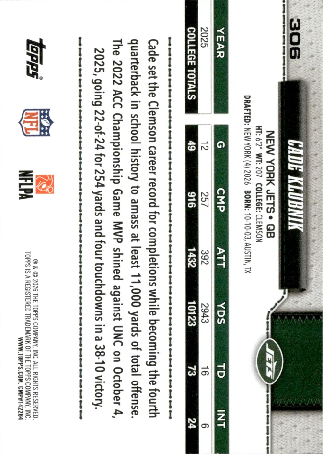 Cade Klubnik card back