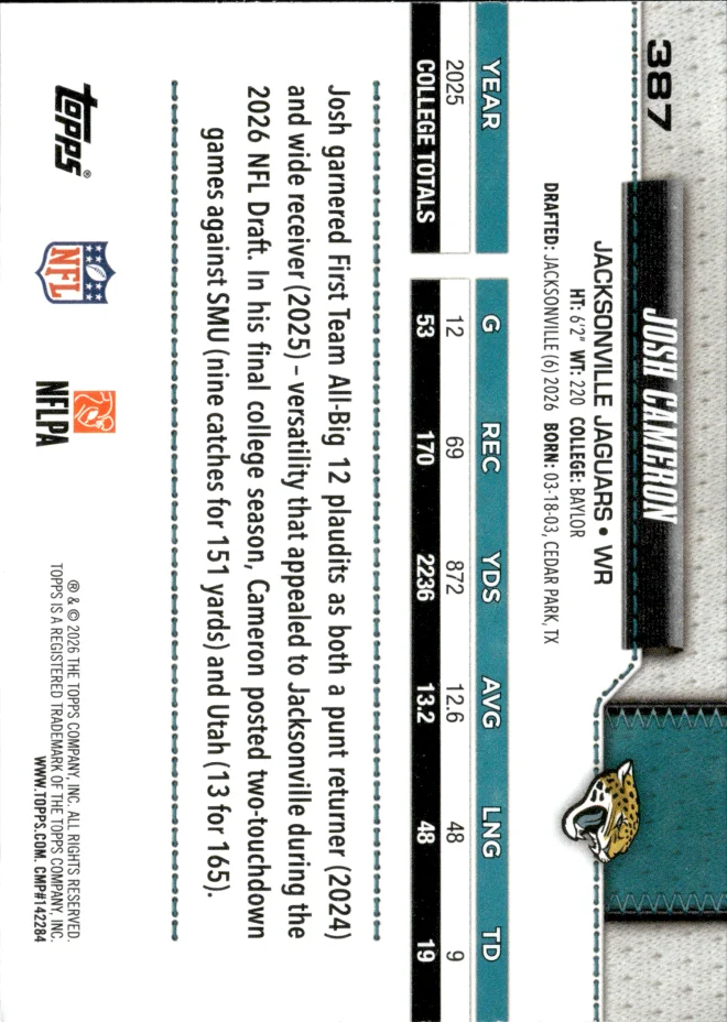 Josh Cameron card back