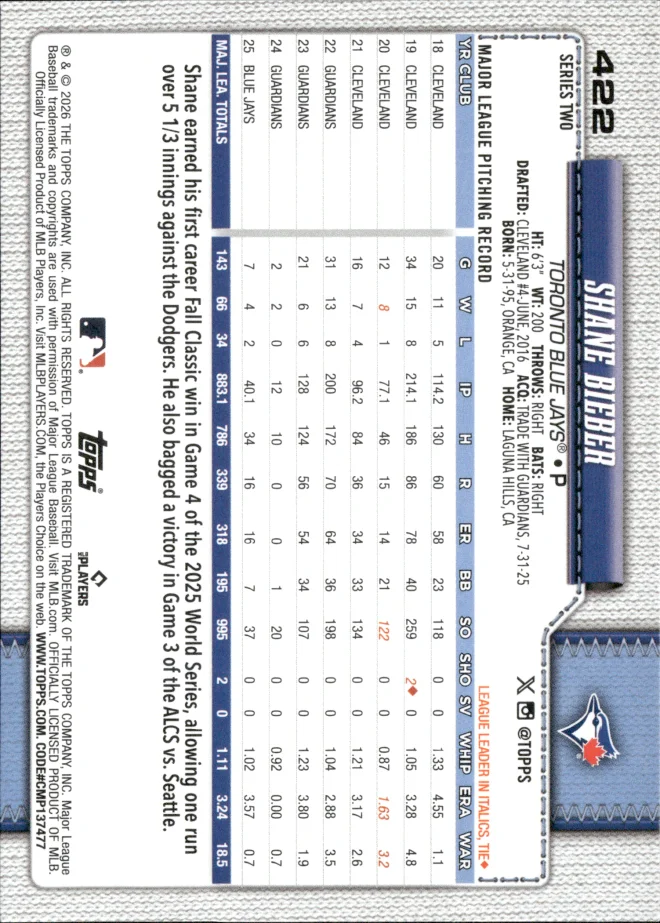 Shane Bieber card back