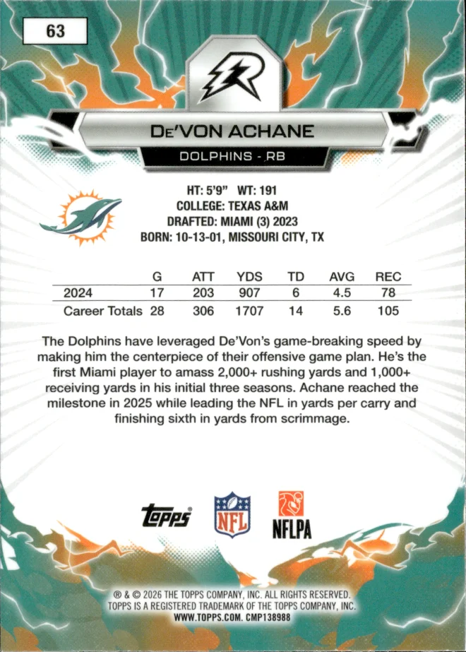 De'Von Achane card back