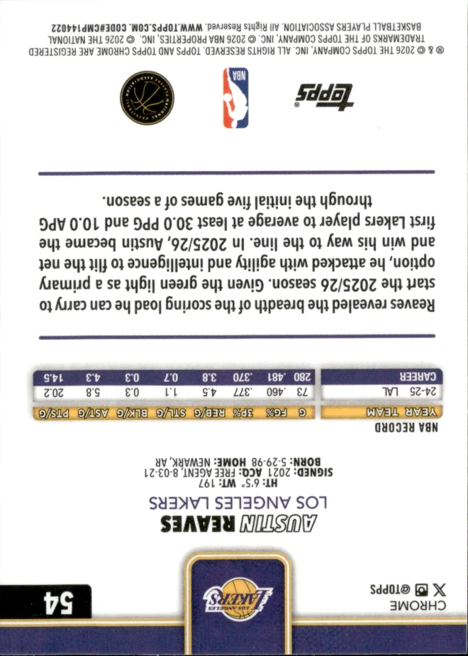 Austin Reaves card back