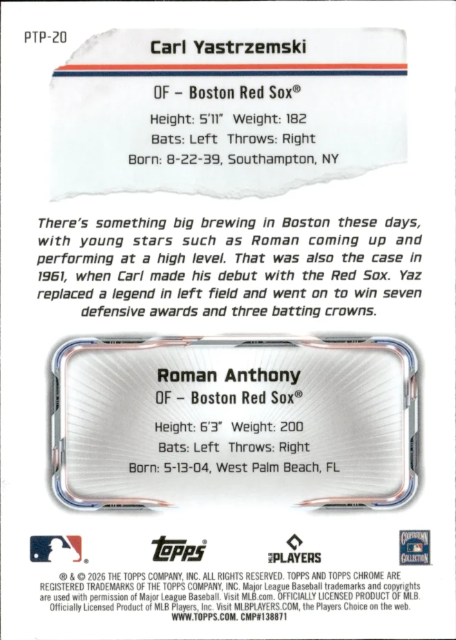 Carl Yastrzemski / Roman Anthony card back
