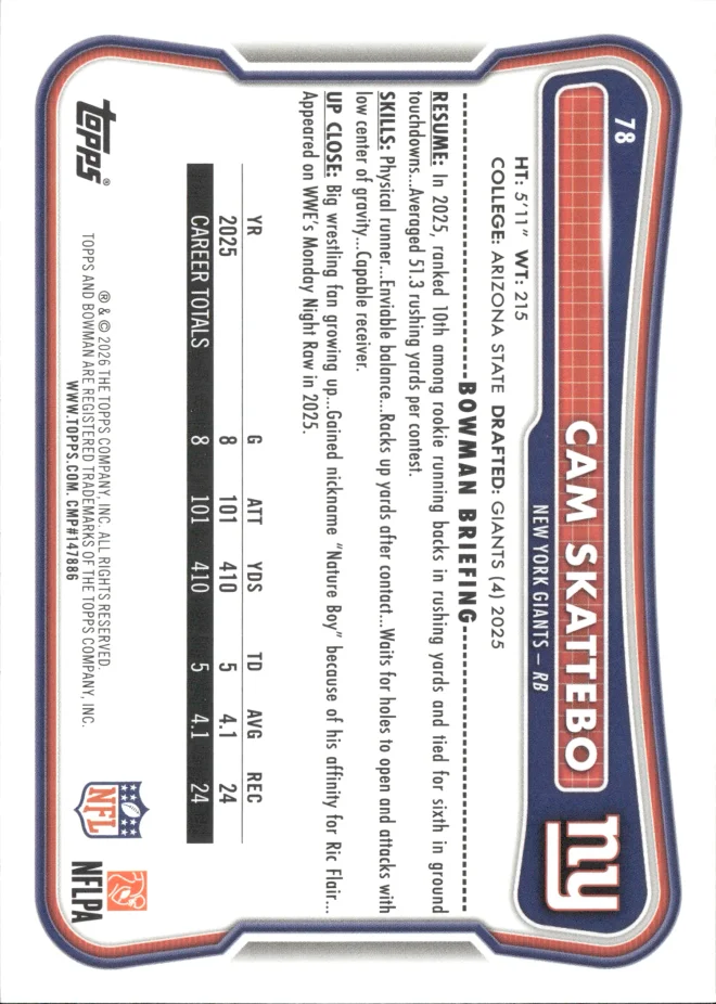 Cam Skattebo card back