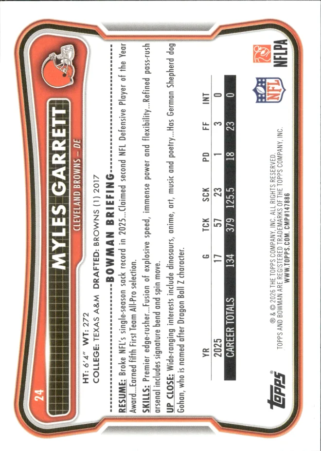 Myles Garrett card back