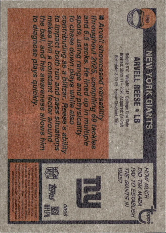 Arvell Reese card back