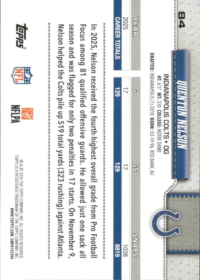 Quenton Nelson card back