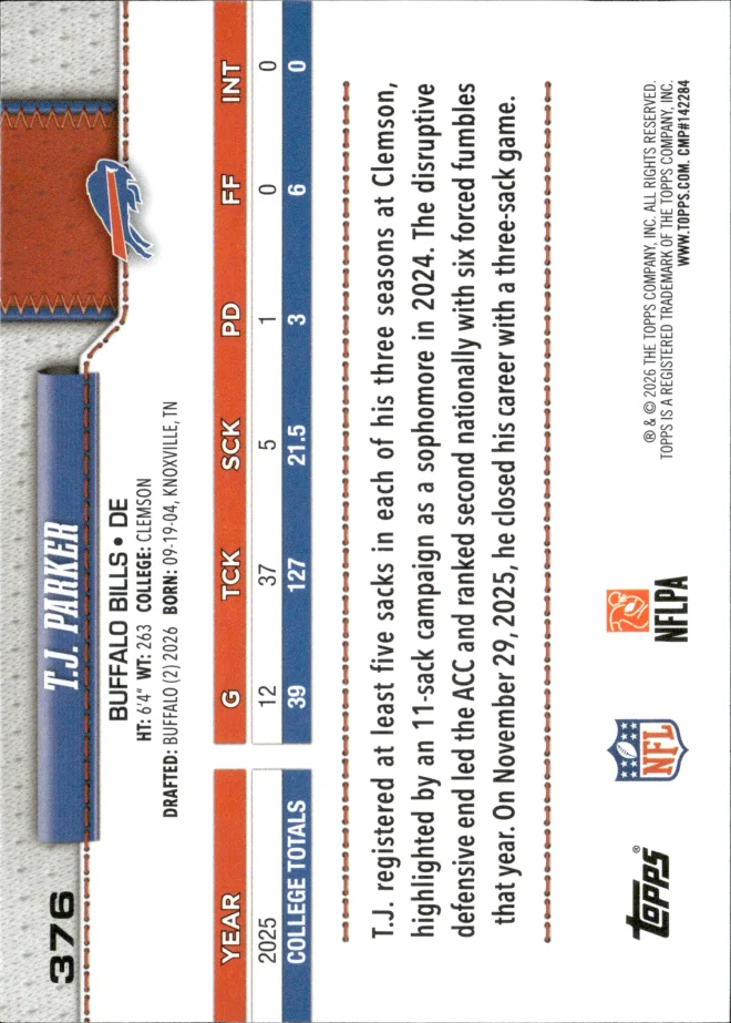 T.J. Parker card back
