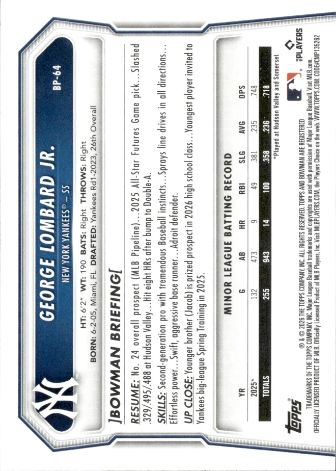 George Lombard Jr. card back