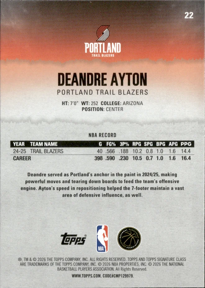 Deandre Ayton card back