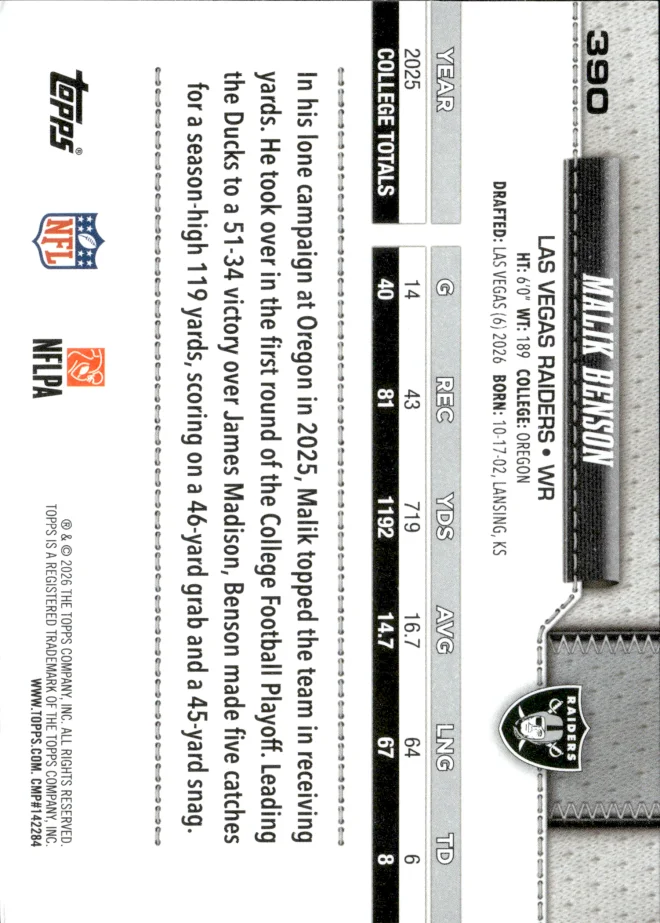 Malik Benson card back