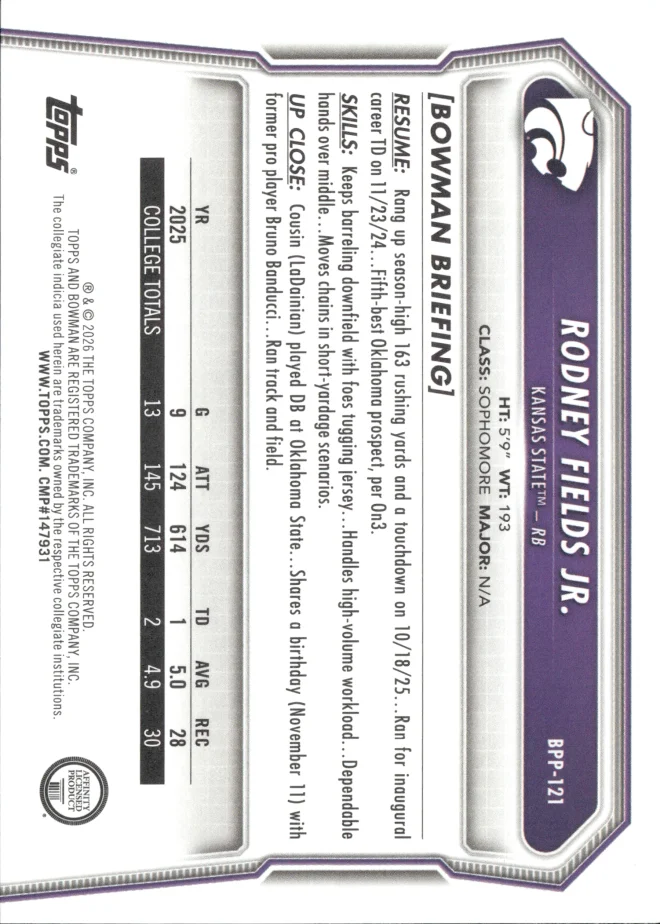 Rodney Fields Jr. card back