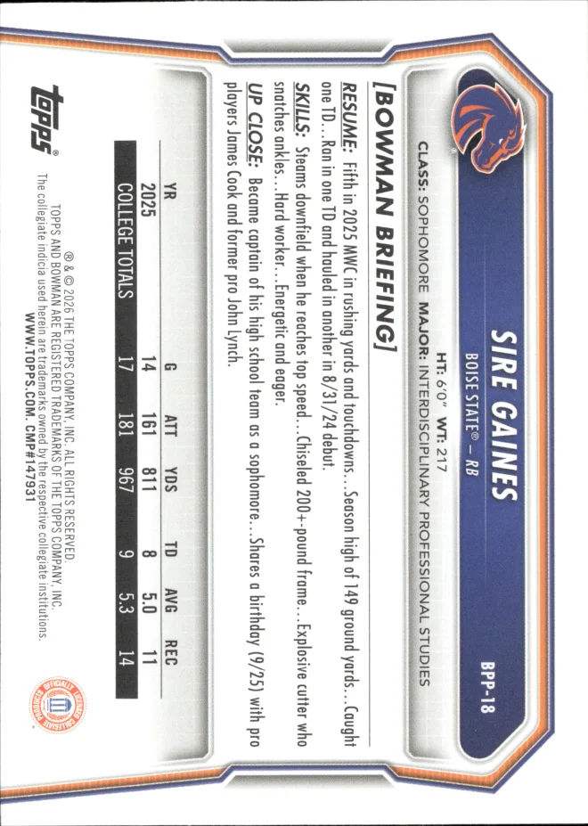 Sire Gaines card back