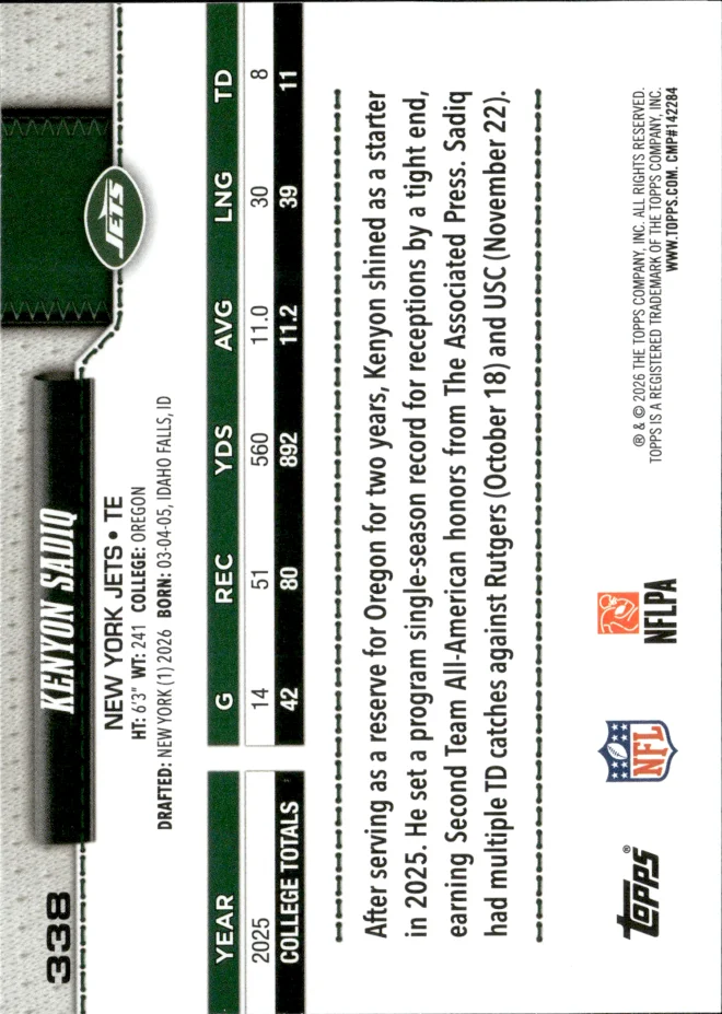 Kenyon Sadiq card back