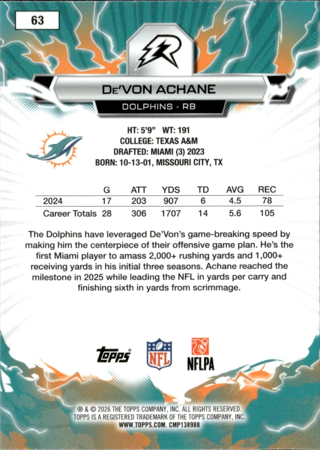 De'Von Achane card back