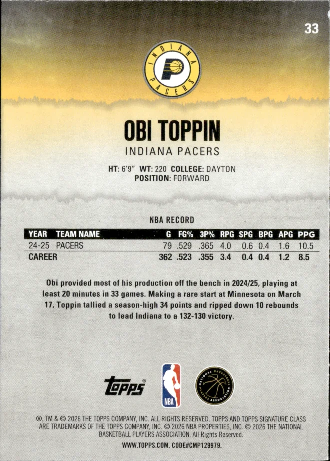 Obi Toppin card back