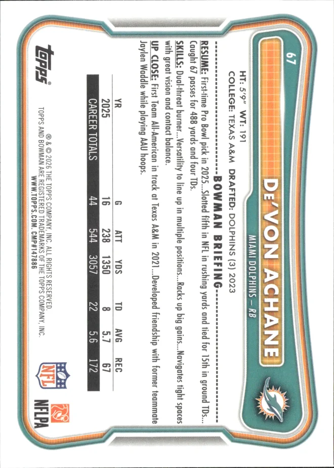 De'Von Achane card back