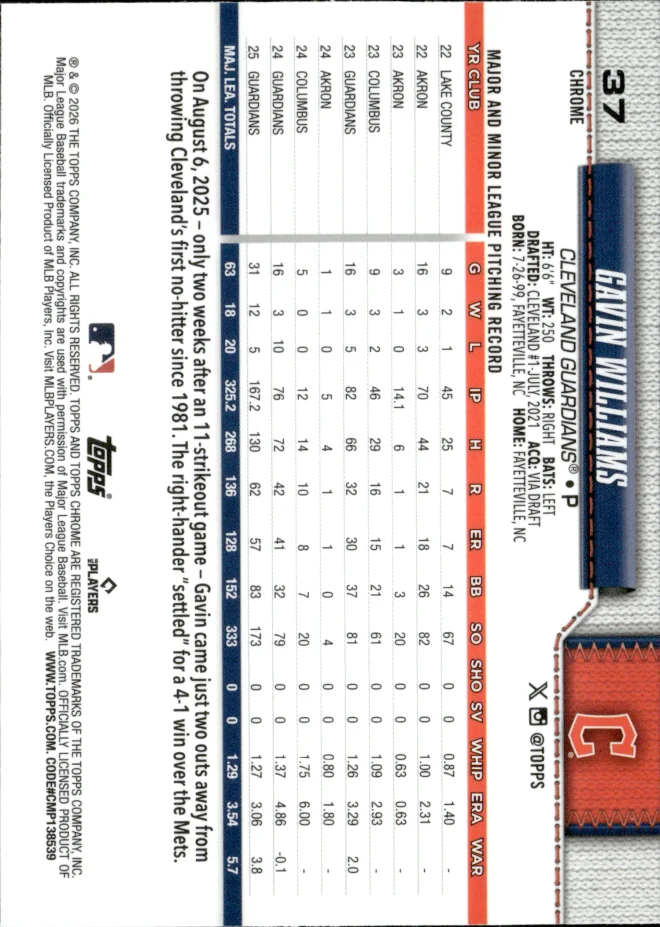 Gavin Williams card back