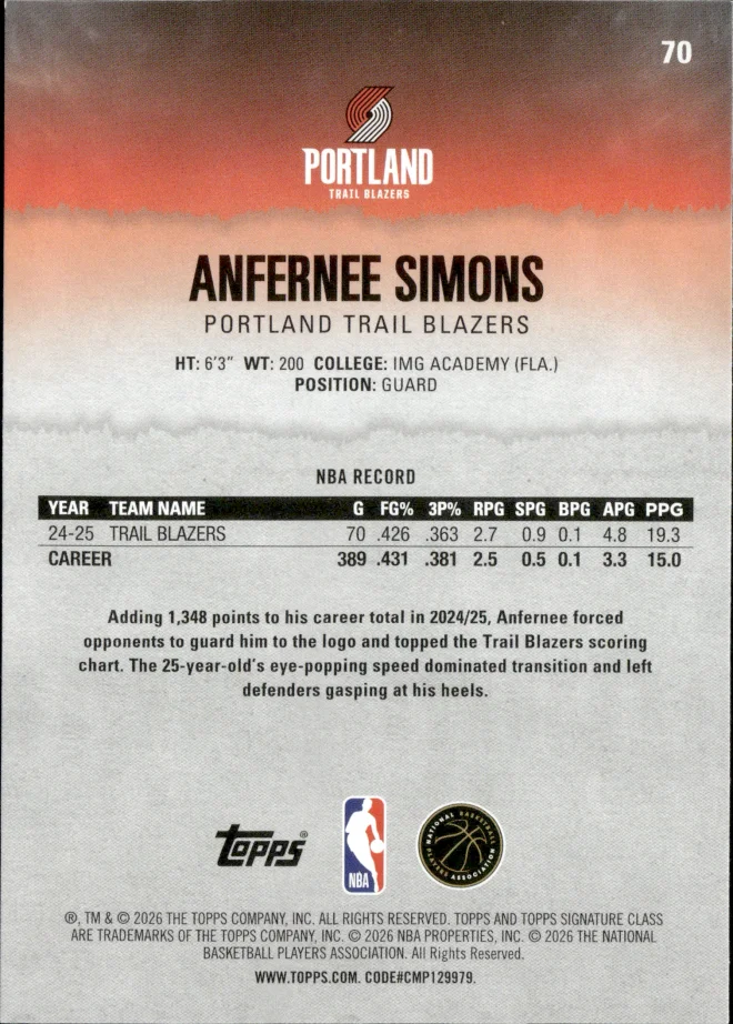 Anfernee Simons card back