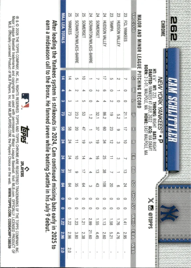 Cam Schlittler card back