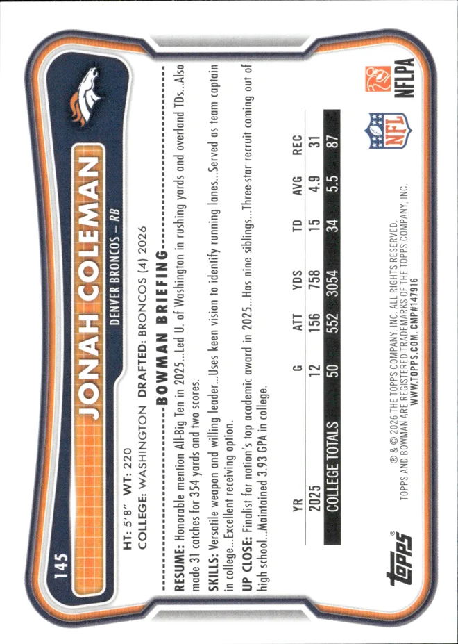Jonah Coleman card back