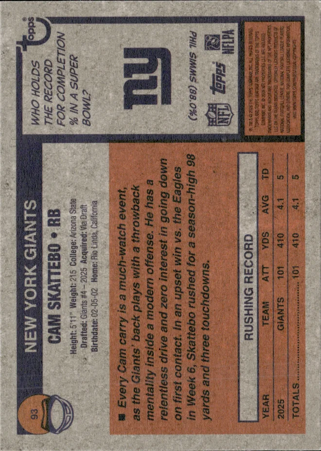 Cam Skattebo card back