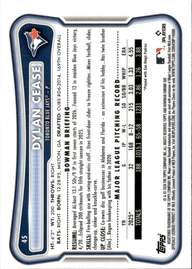 Dylan Cease card back