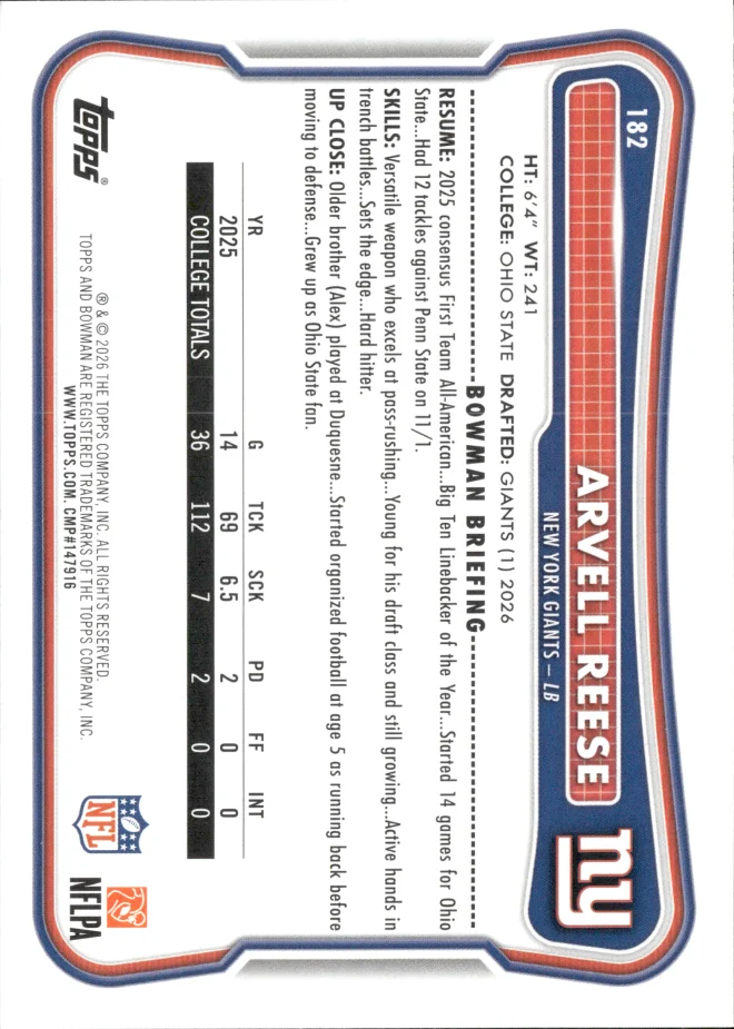 Arvell Reese card back