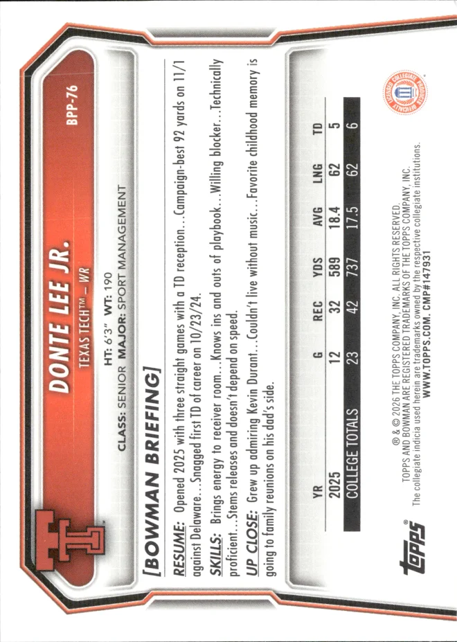 Donte Lee Jr. card back