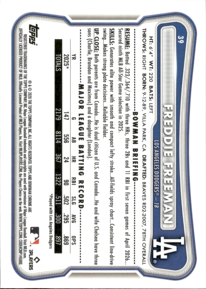 Freddie Freeman card back
