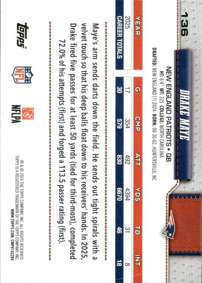 Drake Maye card back