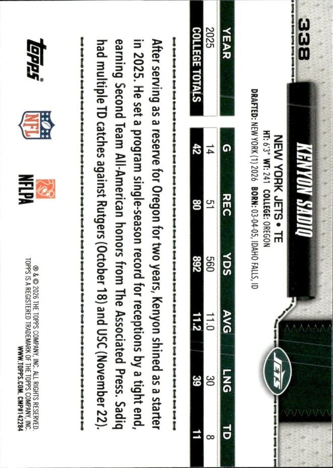 Kenyon Sadiq card back