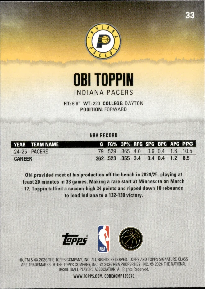 Obi Toppin card back