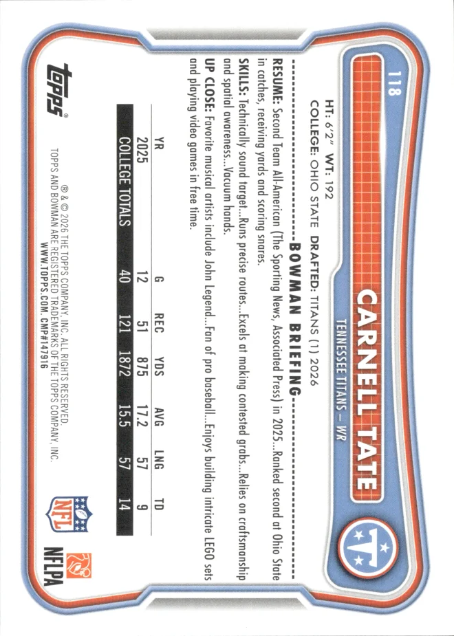 Carnell Tate card back