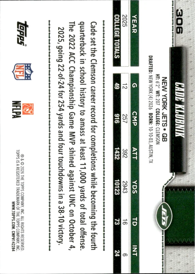 Cade Klubnik card back