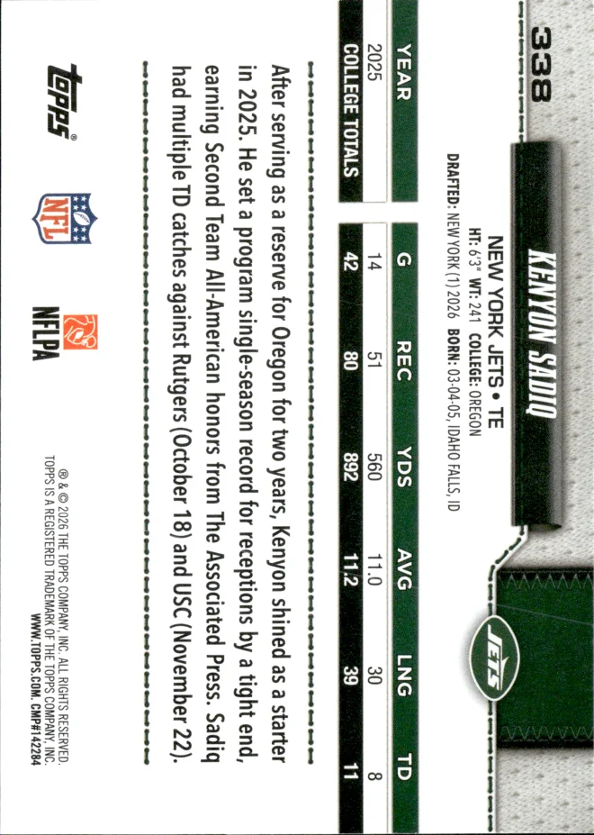 Kenyon Sadiq card back