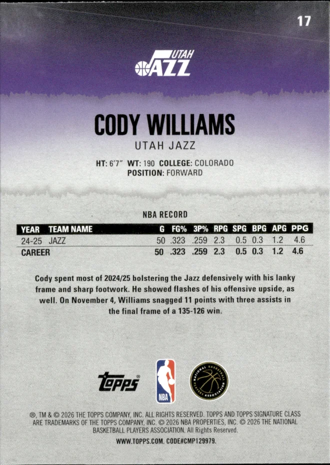 Cody Williams card back