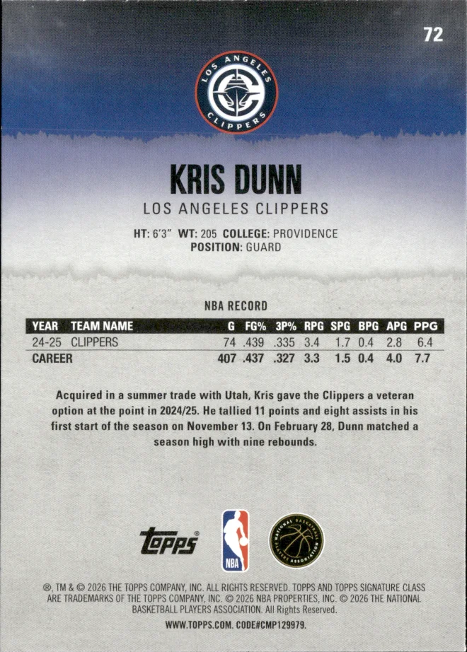 Kris Dunn card back