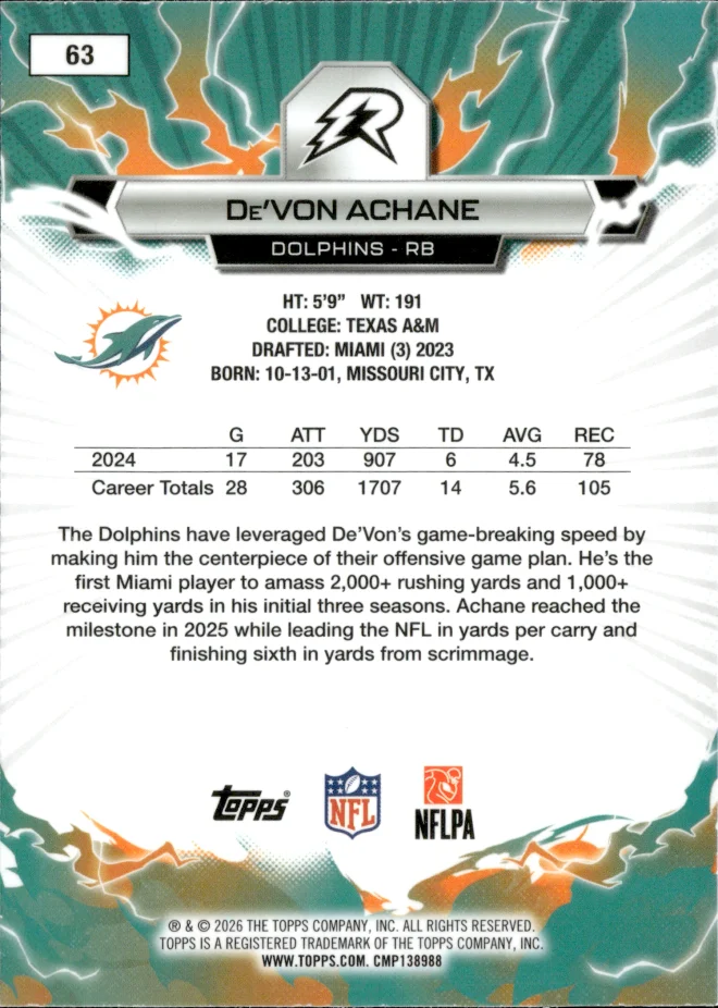 De'Von Achane card back