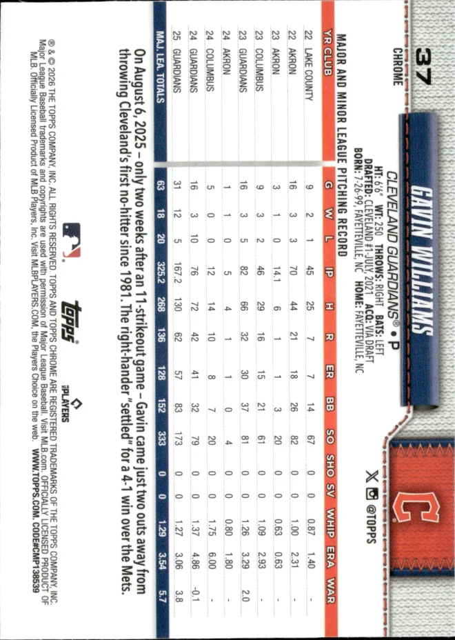 Gavin Williams card back