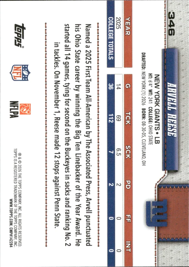 Arvell Reese card back