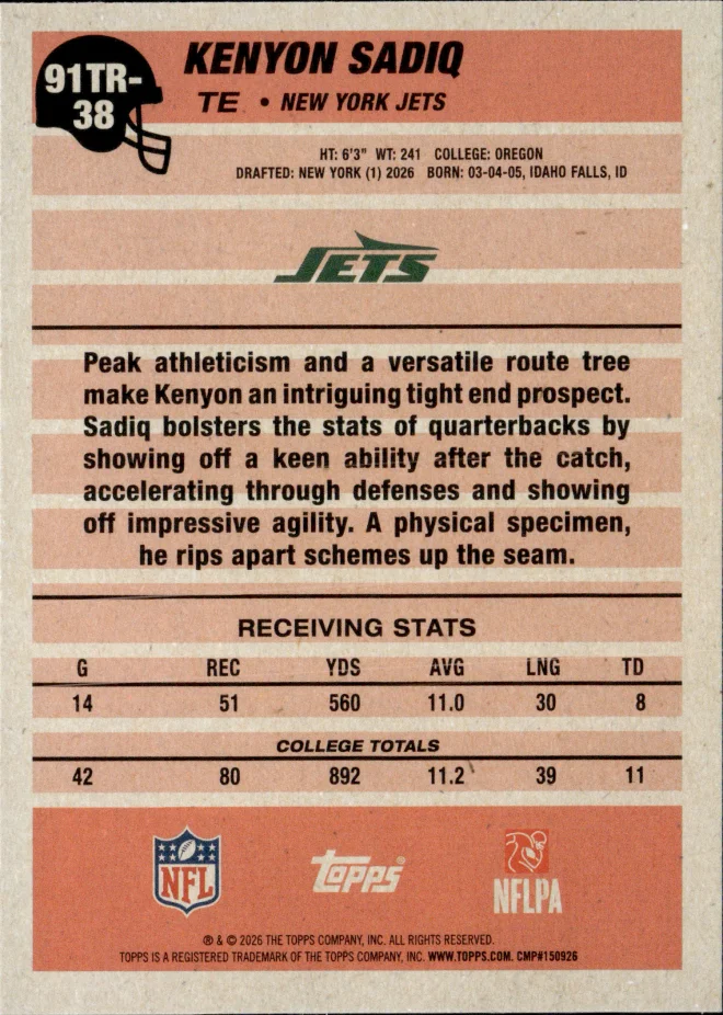 Kenyon Sadiq card back