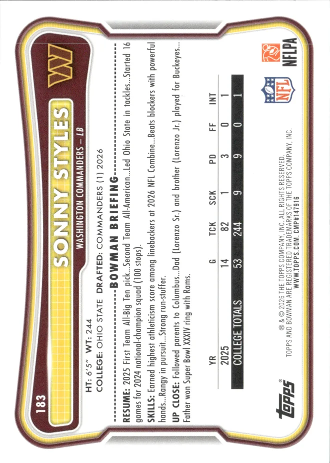 Sonny Styles card back