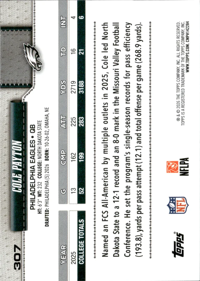 Cole Payton card back