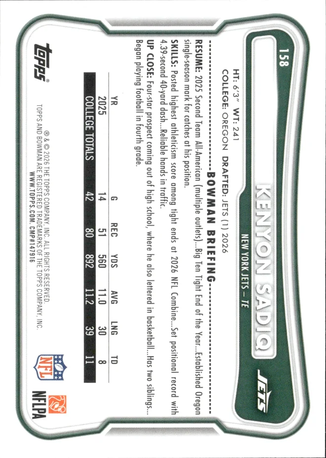 Kenyon Sadiq card back