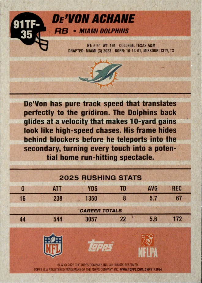 De'Von Achane card back