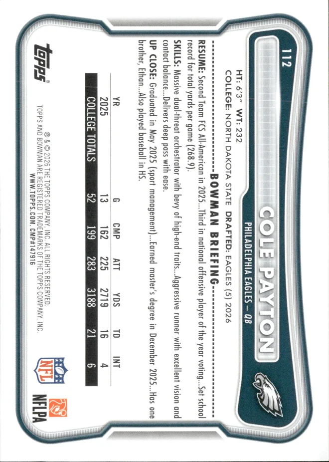 Cole Payton card back