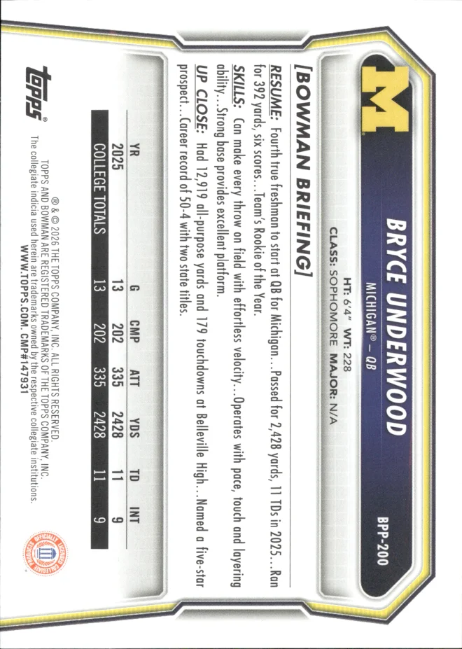 Bryce Underwood card back
